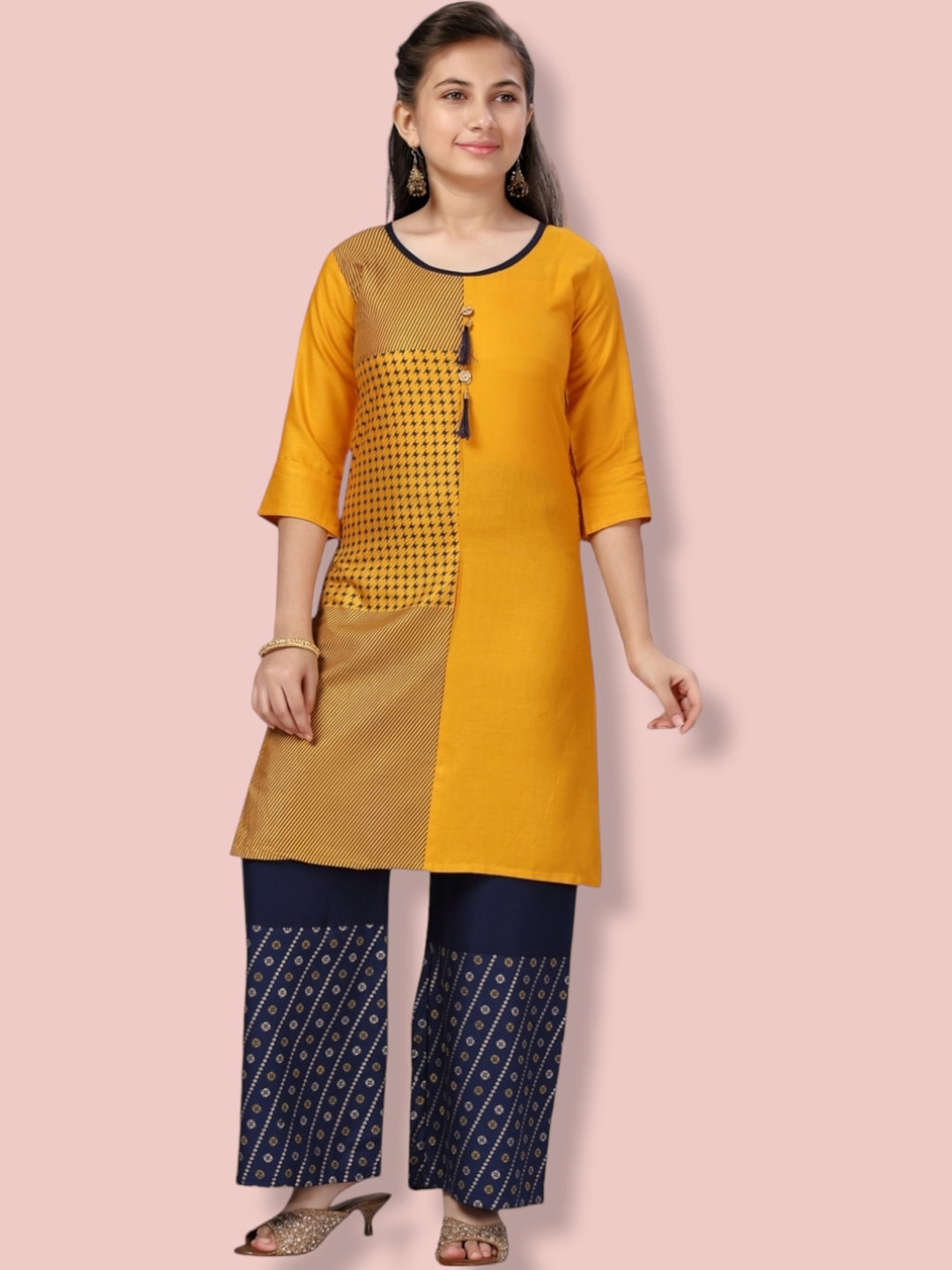 

Aarika Girls Printed Thread Work Pure Cotton Kurti with Palazzos, Yellow