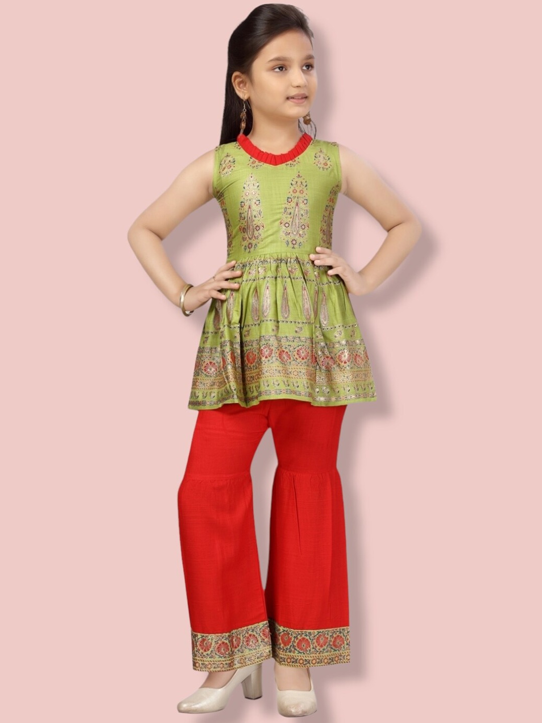 

Aarika Girls Ethnic Motifs Printed Empire Pure Cotton Kurta with Sharara, Green