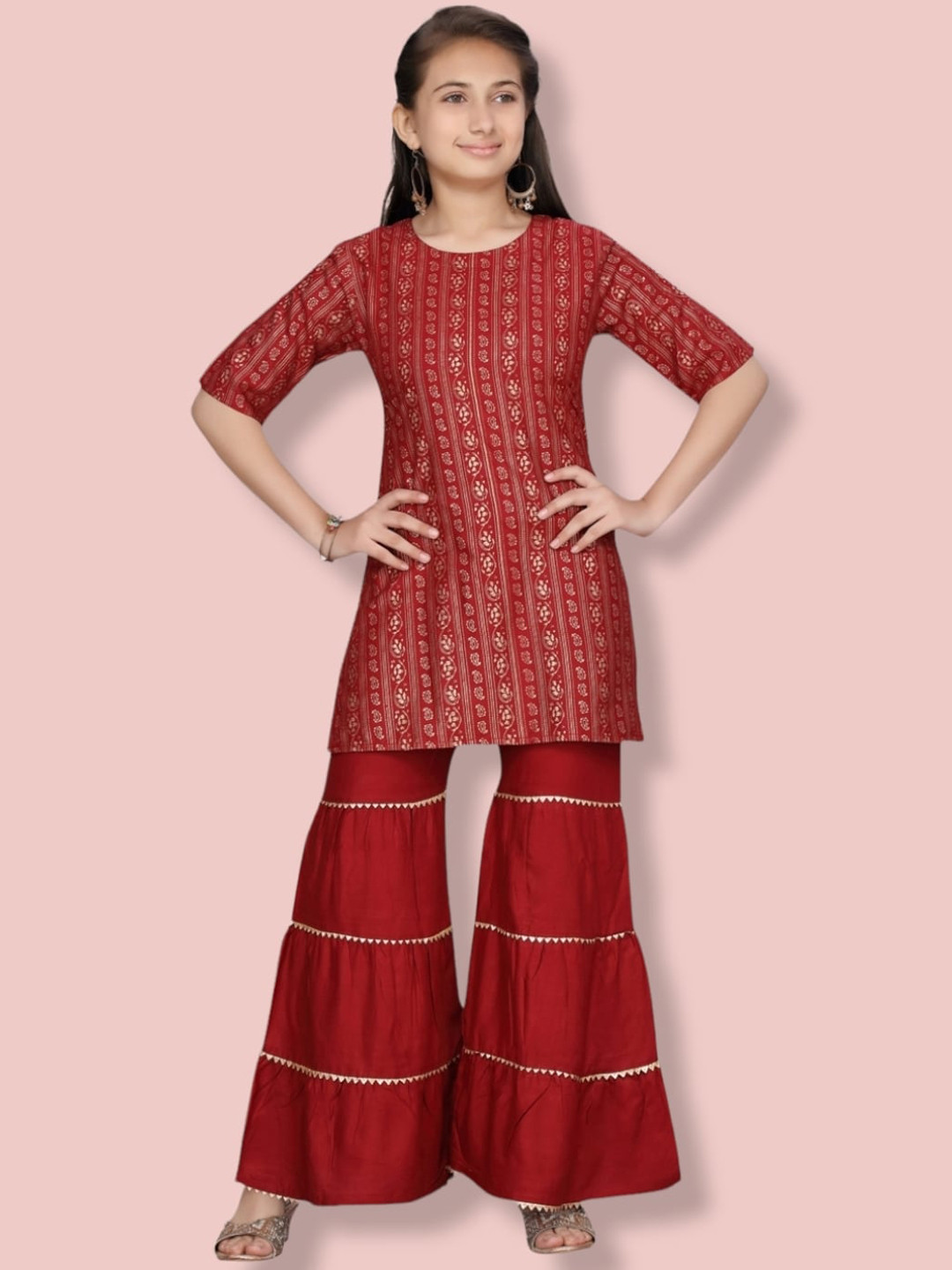 

Aarika Girls Paisley Printed Pure Cotton Kurta with Sharara, Maroon