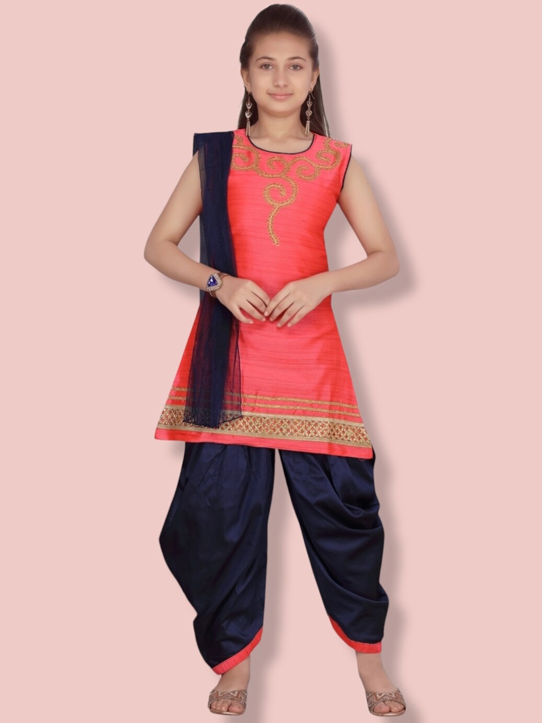 

Aarika Girls Embroidered Sequinned Pure Silk Kurta with Patiala & With Dupatta, Peach