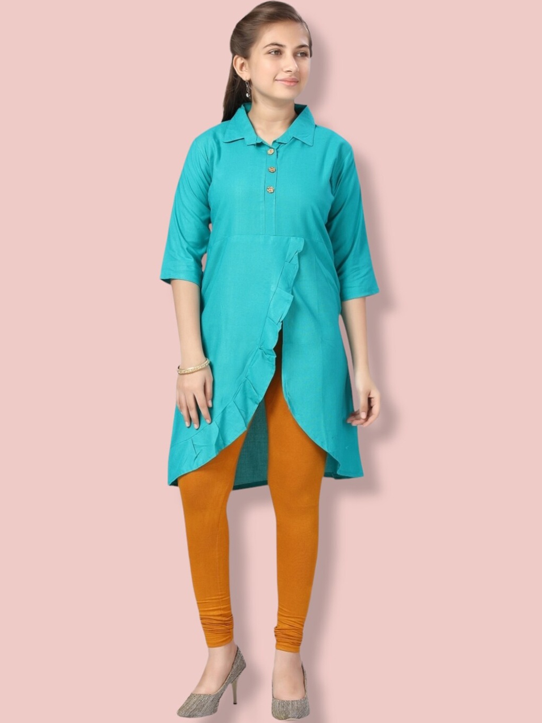 

Aarika Girls Handloom Cotton Kurta, Turquoise blue