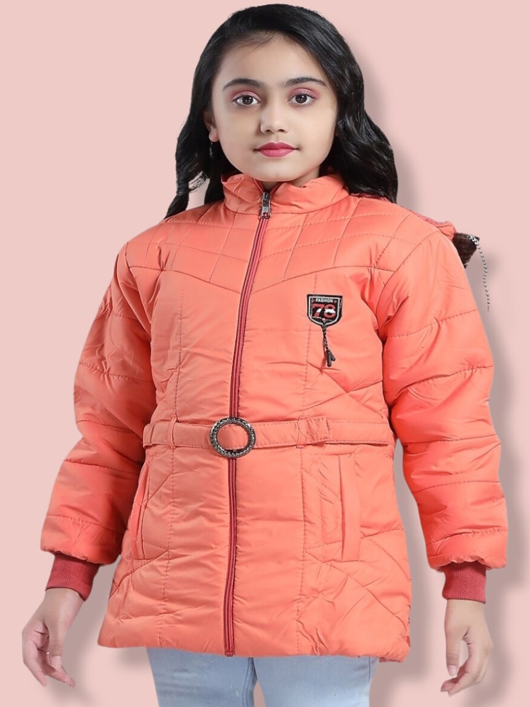 

Aarika Girls Checked Longline Puffer Jacket, Peach