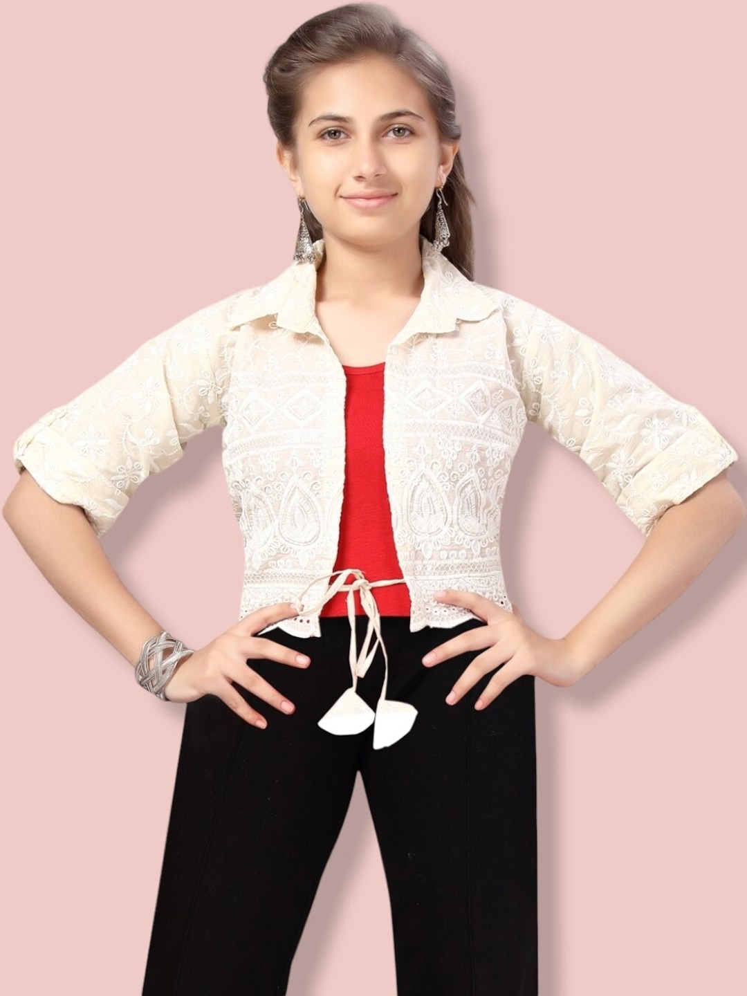 

Aarika Girls Floral Floral Crop Tailored Jacket, Cream