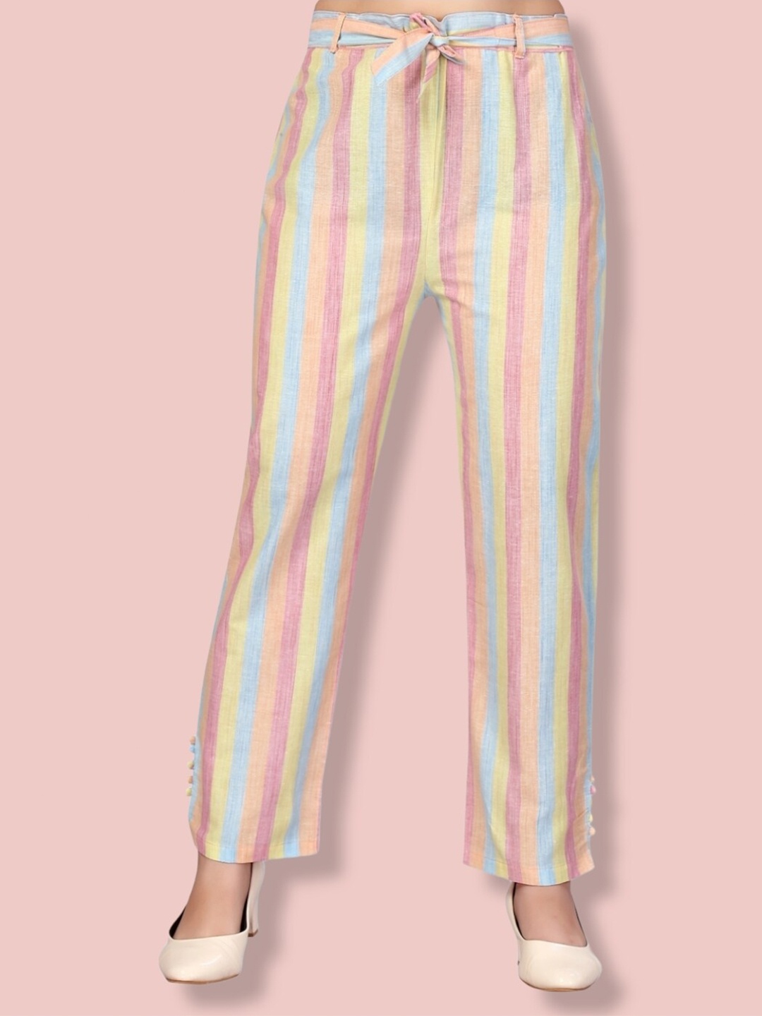 

Aarika Striped Flared Chambray Cropped Palazzos, Pink