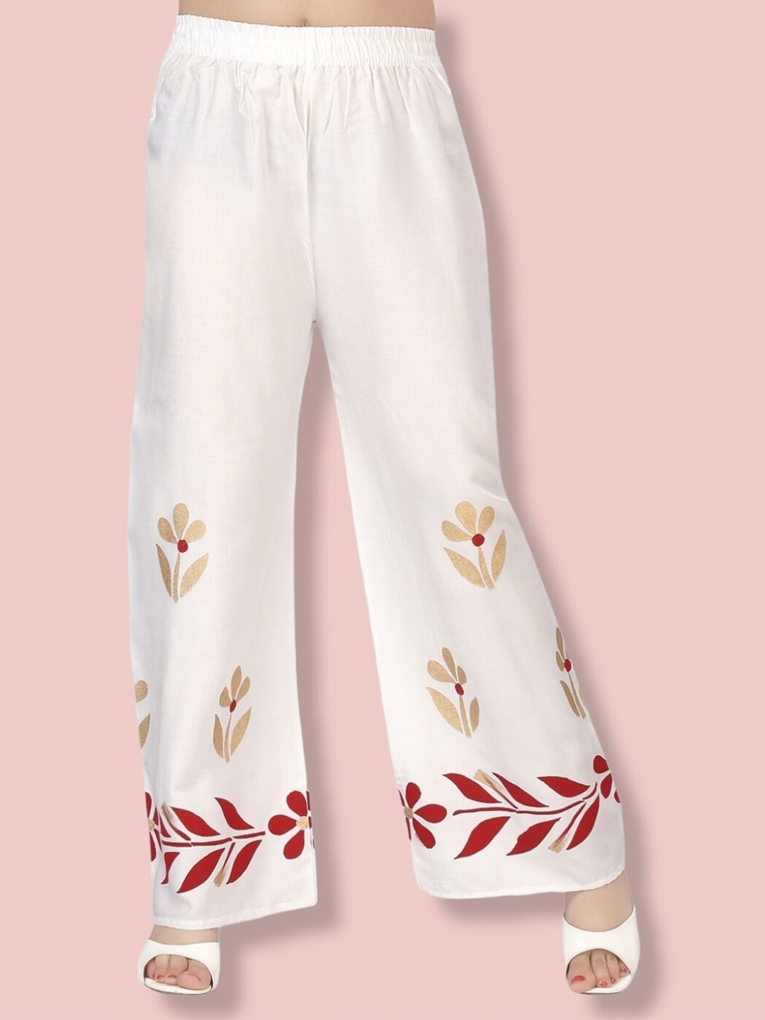 

Aarika Girls Floral Printed Flared Chambray Palazzos, White