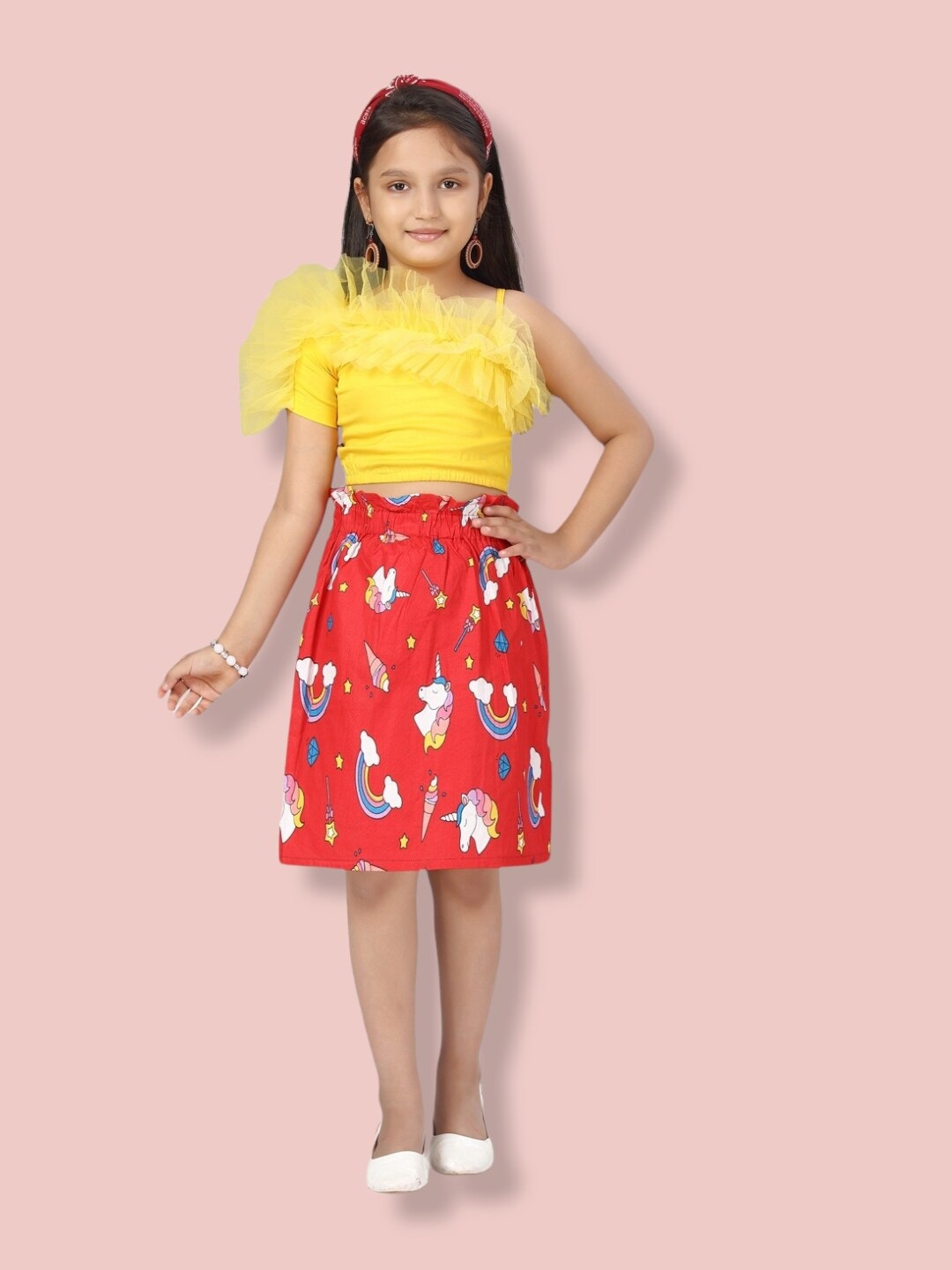 

Aarika Girls Top with Printed Skirt, Yellow