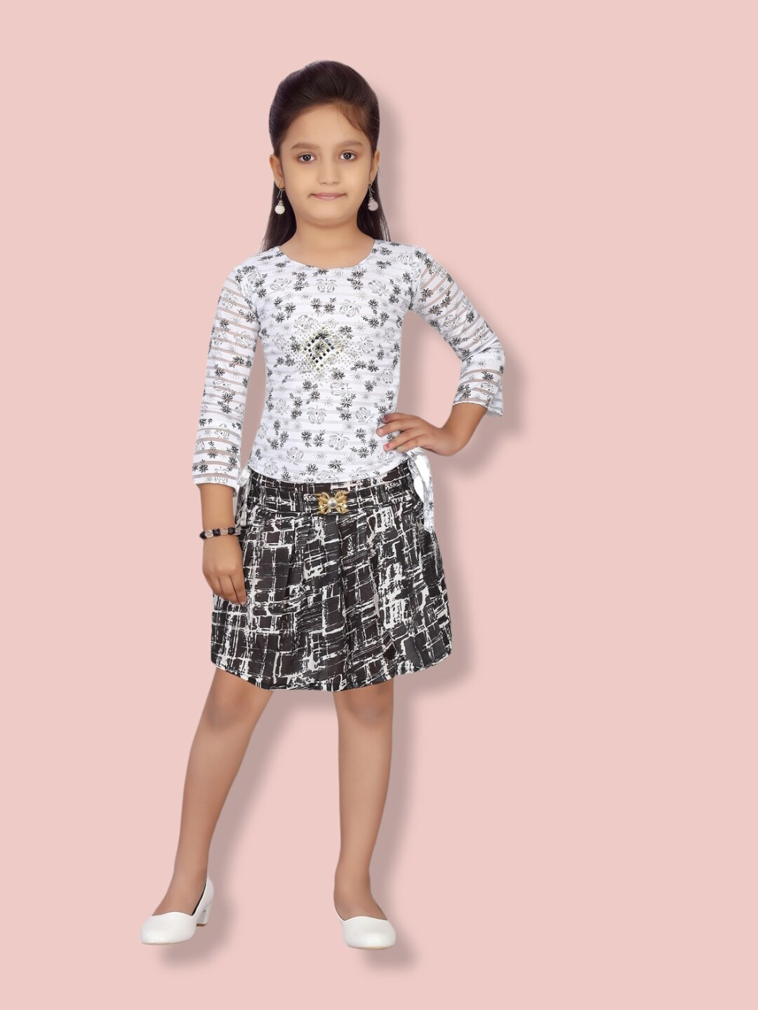 

Aarika Girls Printed Top with Skirt, White