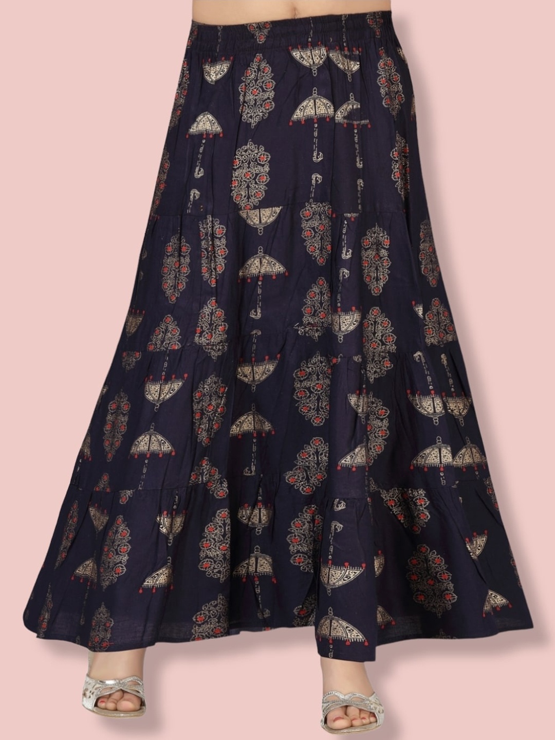 

Aarika Girls Printed Pure Cotton Flared Maxi Skirts, Navy blue