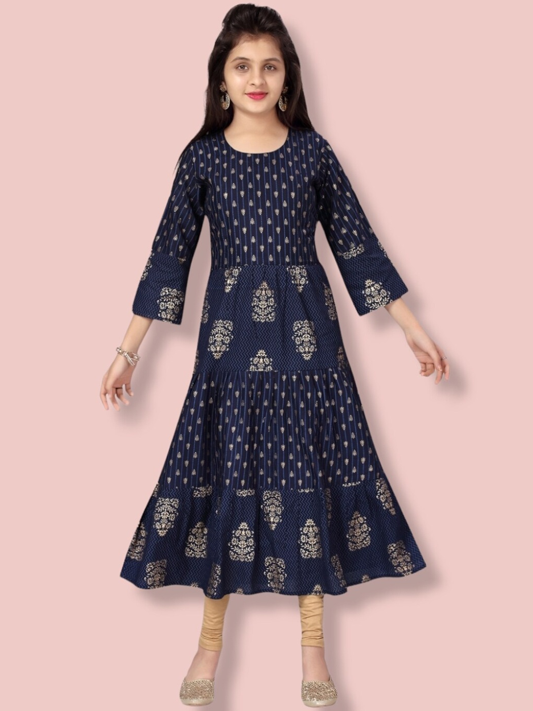 

Aarika Girls Ethnic Motifs Printed Flared Sleeves Handloom Anarkali Cotton Kurta, Navy blue