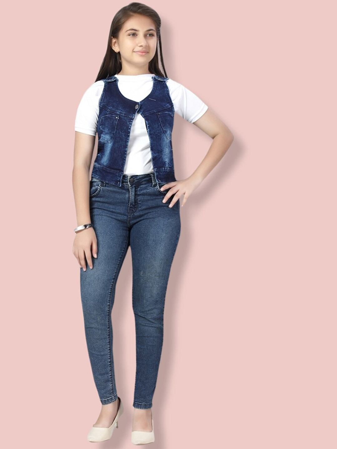 

Aarika Girls Washed Open Front Cotton Jacket, Blue