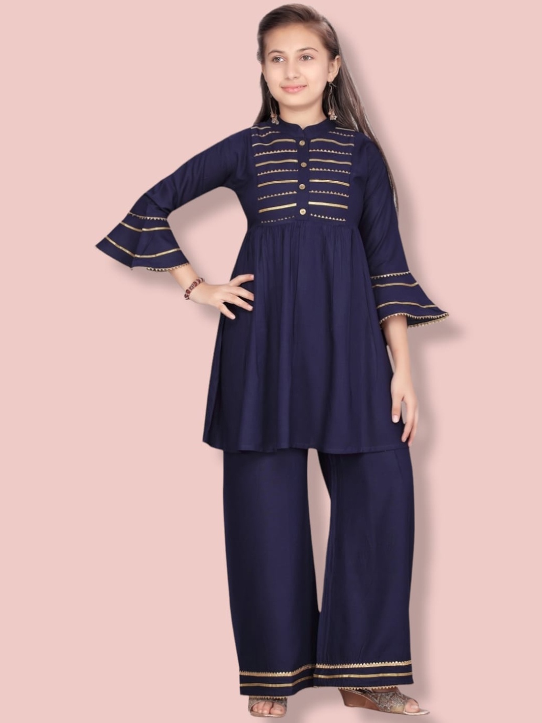 

Aarika Girls Gotta Patti Pure Cotton Kurti with Palazzos, Navy blue