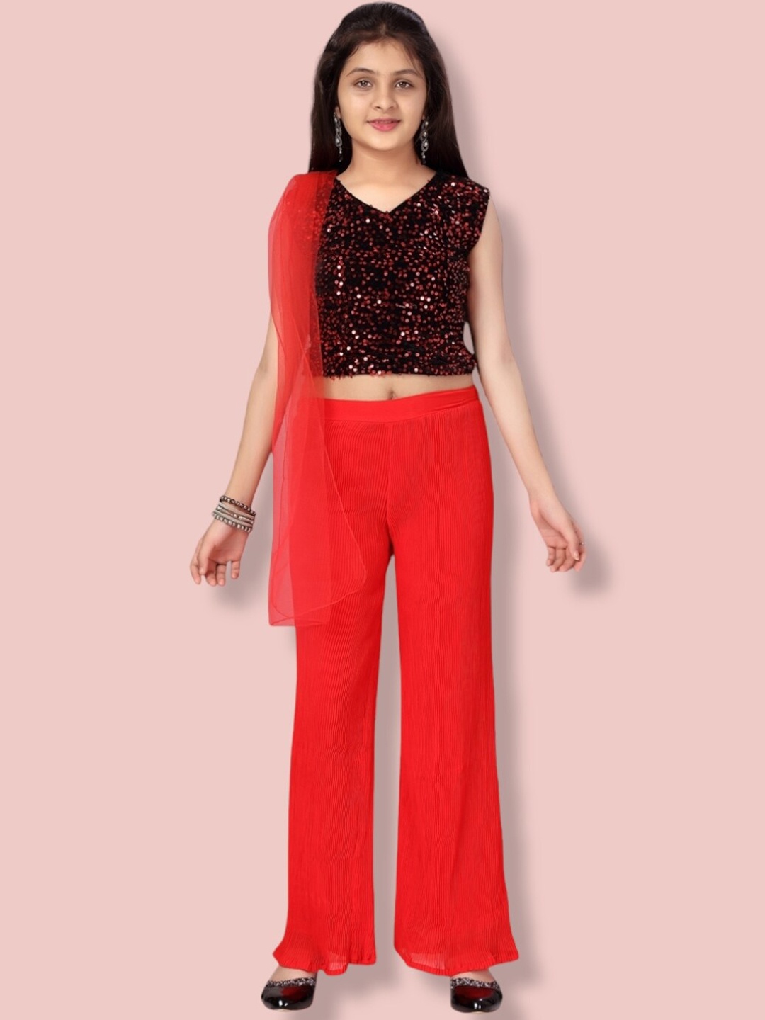 

Aarika Girls Embroidered Sequinned Pure Silk Top with Palazzos & With Dupatta, Red