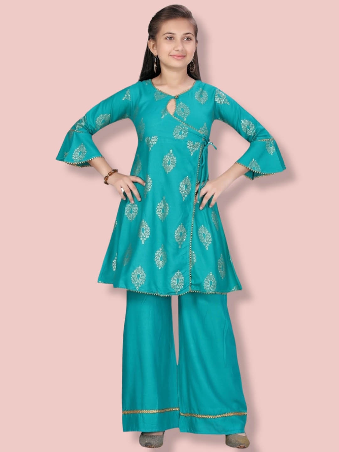 

Aarika Girls Ethnic Motifs Printed Angrakha Pure Cotton Kurti with Palazzos, Green