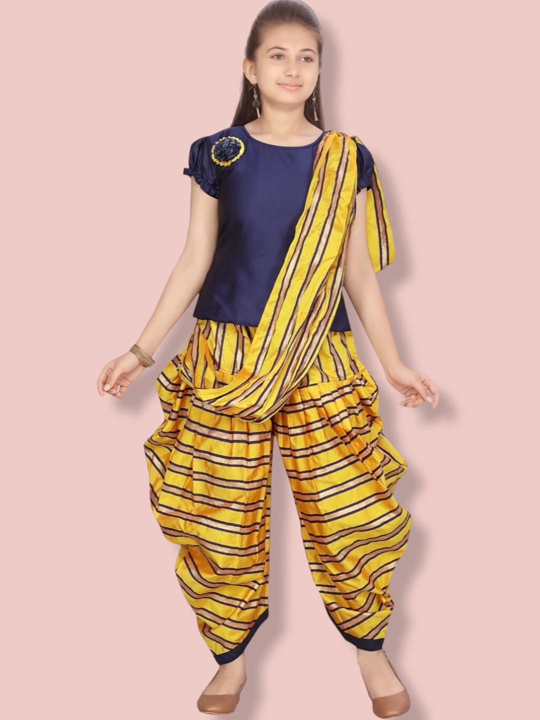 

Aarika Girls Pure Silk Top with Dhoti Pants & With Dupatta, Navy blue