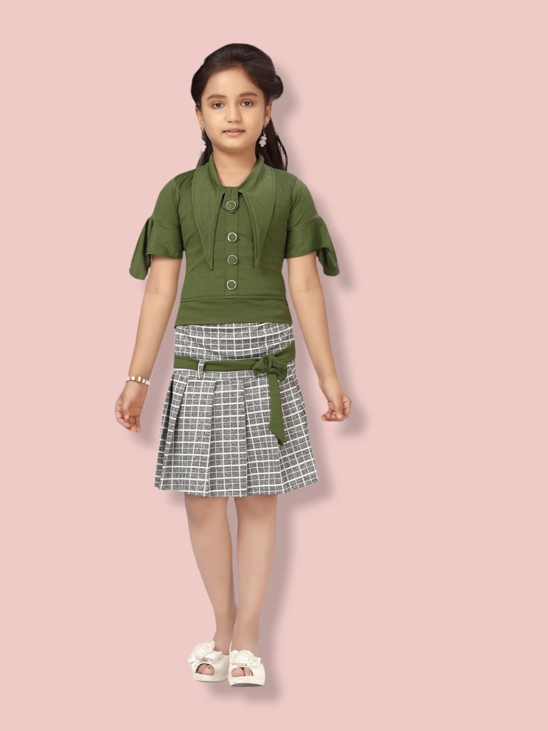 

Aarika Girls Checked Top with Skirt, Green