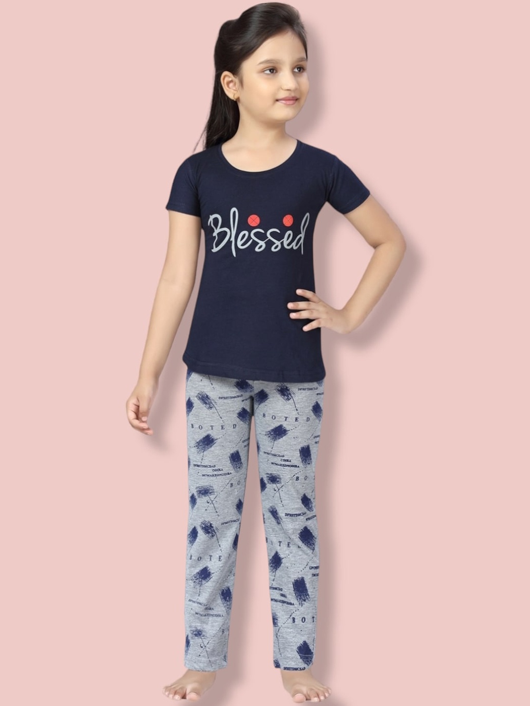 

Aarika Girls Printed Pure Cotton Night suit, Navy blue