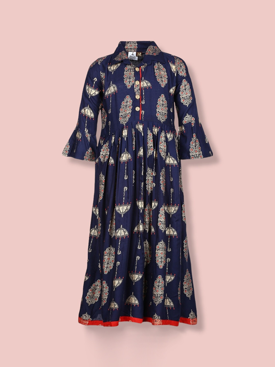 

Aarika Girls Ethnic Motifs Printed Bell Sleeves Indigo Anarkali Cotton Kurta, Navy blue