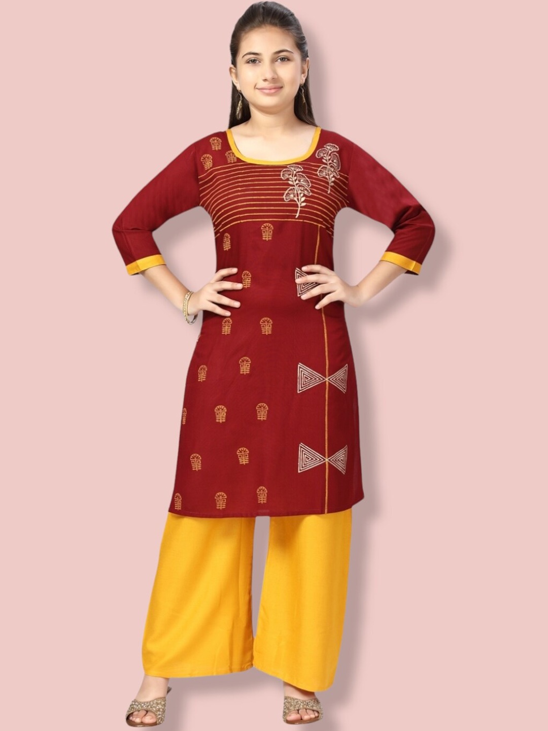 

Aarika Girls Ethnic Motifs Printed Pure Cotton Kurta with Palazzos, Maroon