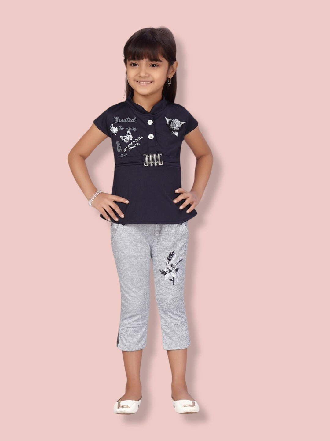 

Aarika Girls Printed Mandarin Collar Top with Capris, Navy blue