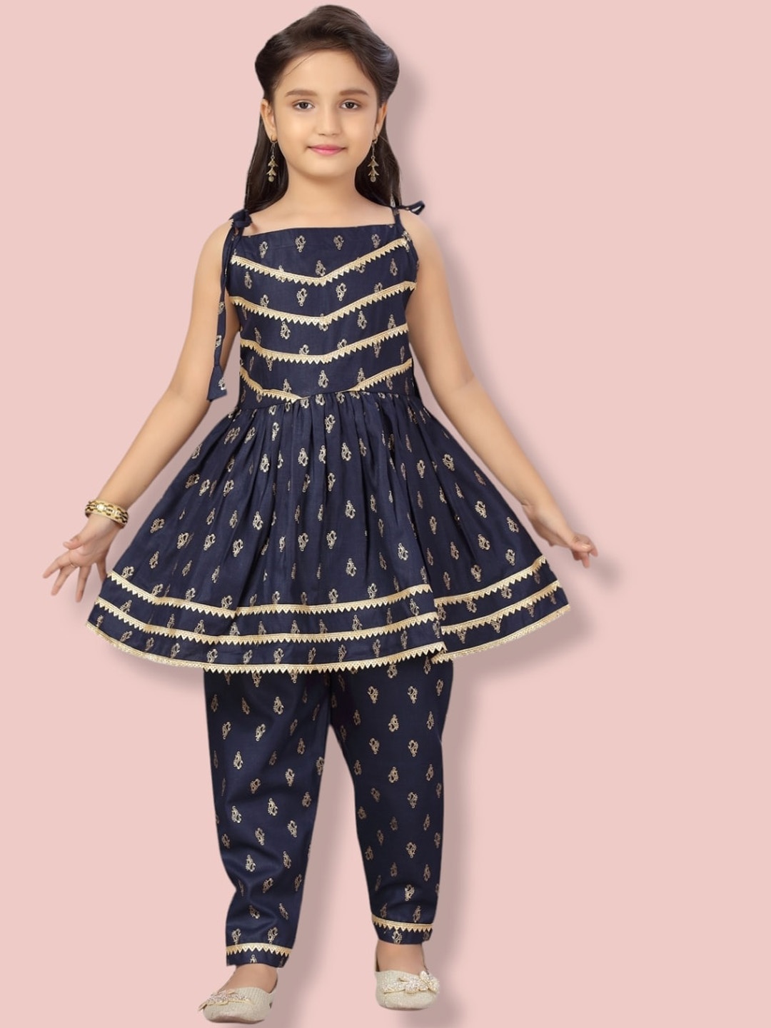 

Aarika Girls Ethnic Motifs Printed Pleated Thread Work Pure Cotton Kurti with Trousers, Navy blue