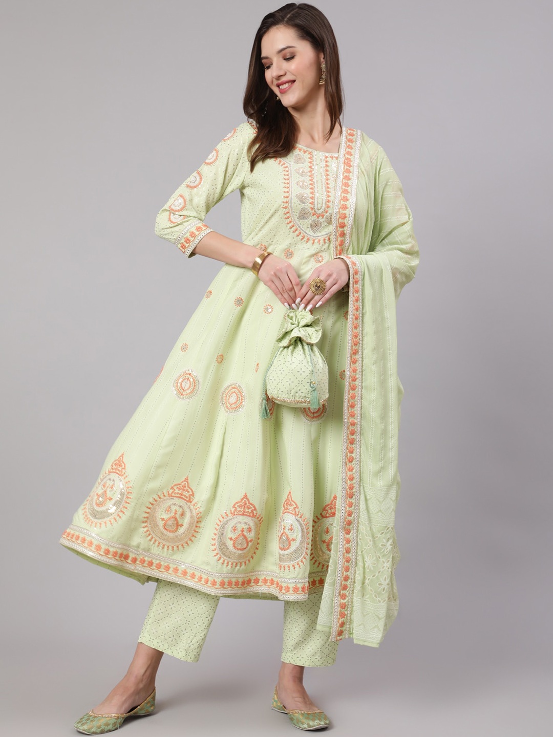 

Nehamta Ethnic Motifs Printed And Thread Work Kurta with Trousers & Dupatta, Green