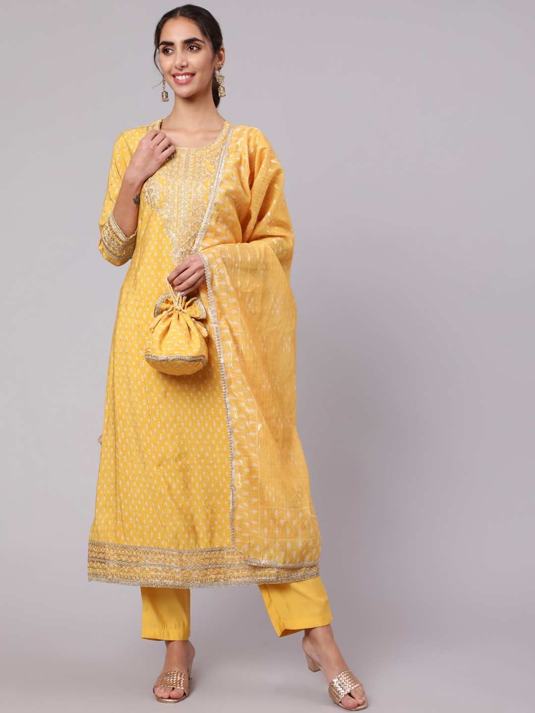 

Nehamta Ethnic Motifs Printed Sequinned Kurta with Trousers & With Dupatta, Mustard