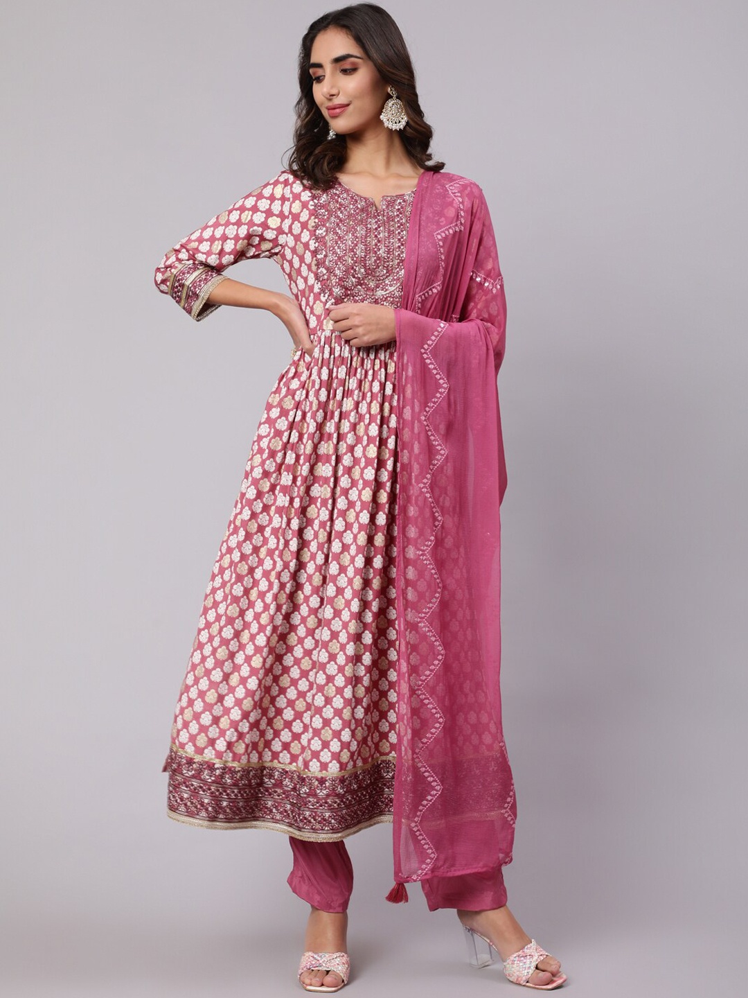 

Nehamta Floral Embroidered Sequinned Kurta with Trousers & With Dupatta, Pink