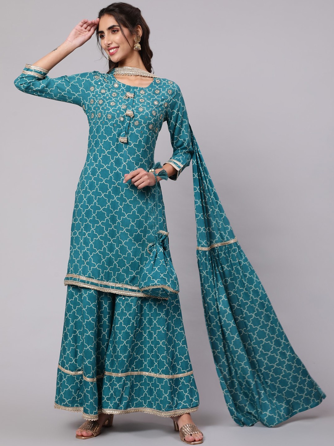 

Nehamta Women Printed Beads and Stones Kurta with Sharara & With Dupatta, Green