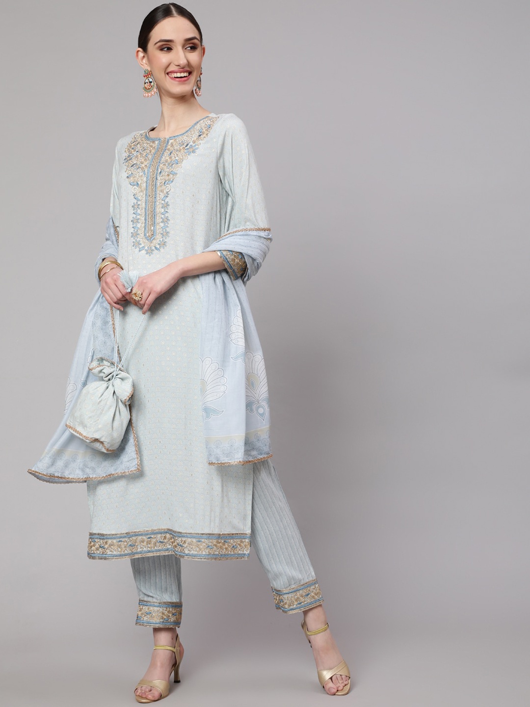 

Nehamta Women Floral Embroidered Sequinned Kurta with Trousers & With Dupatta, Blue