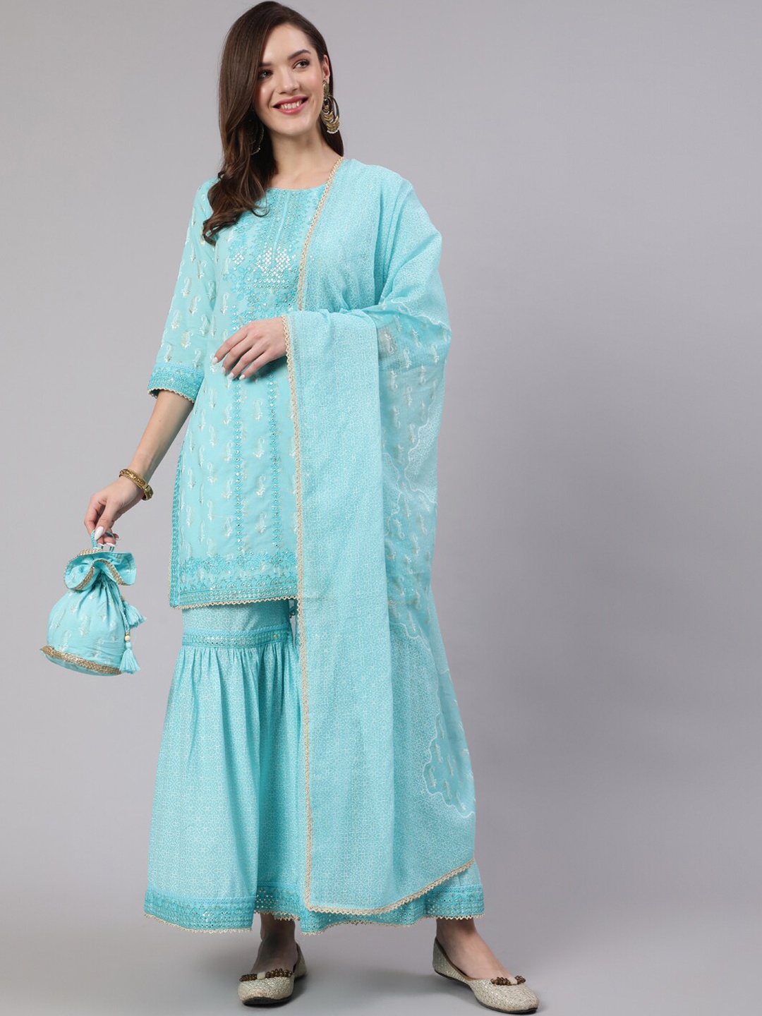 

Nehamta Women Paisley Sequinned Pure Cotton Kurta with Sharara & With Dupatta, Blue