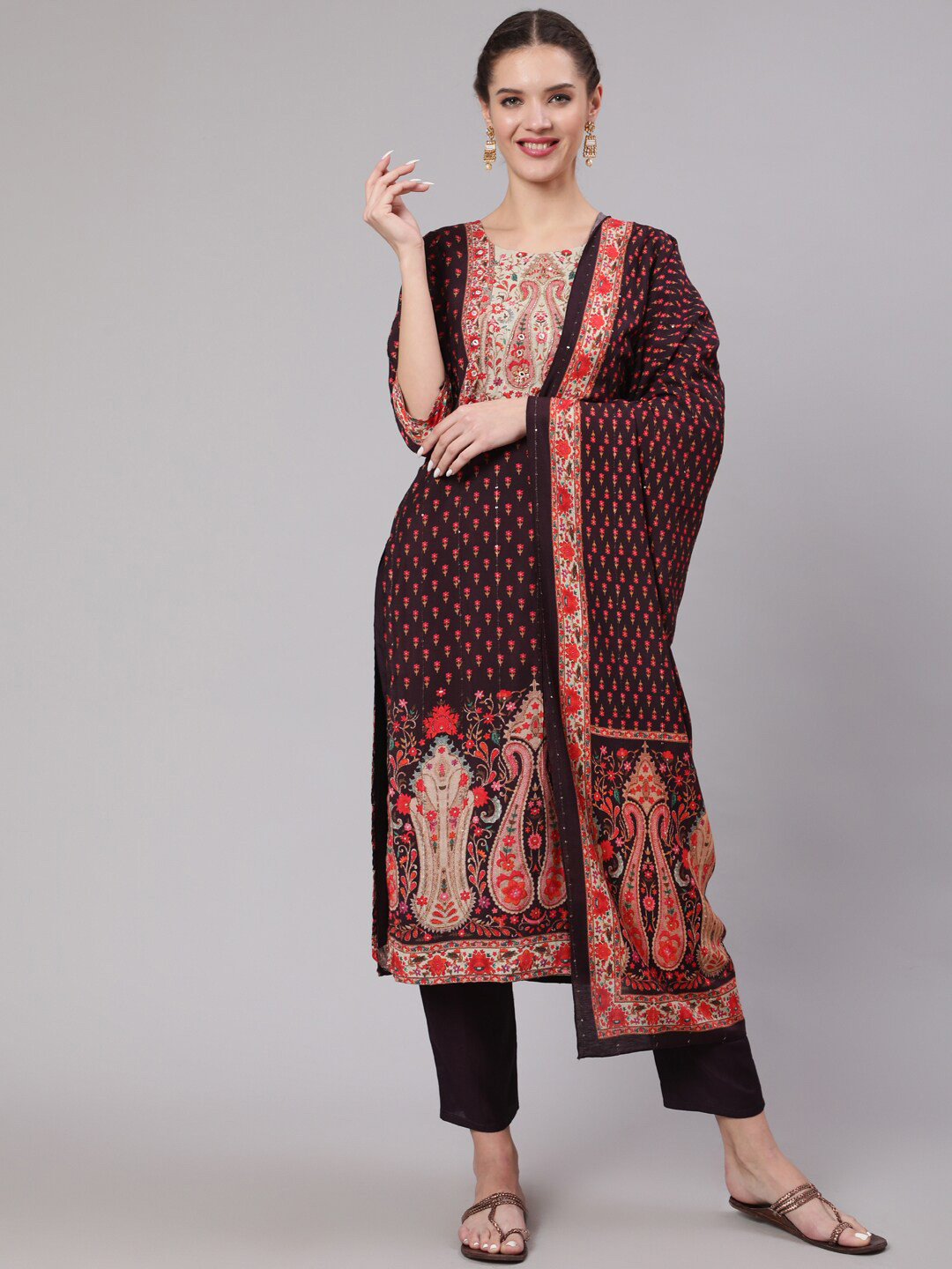 

Nehamta Floral Printed Mirror Work Cotton Kurta with Trousers & With Dupatta, Brown