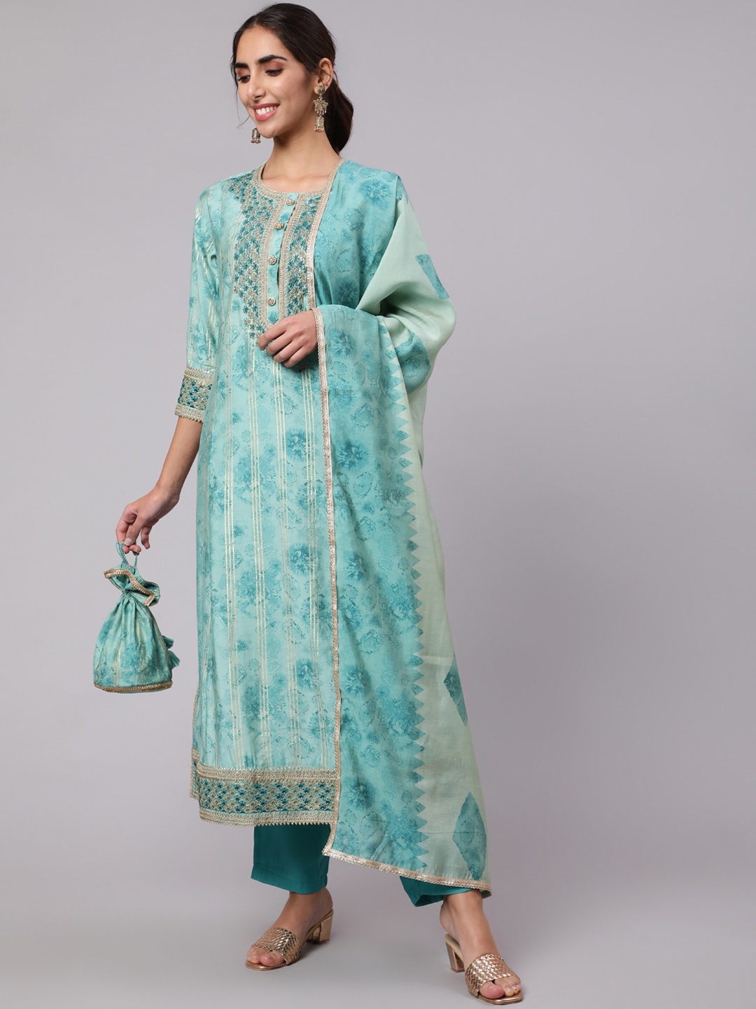 

Nehamta Floral Printed Sequinned Cotton Kurta with Trousers & With Dupatta, Blue