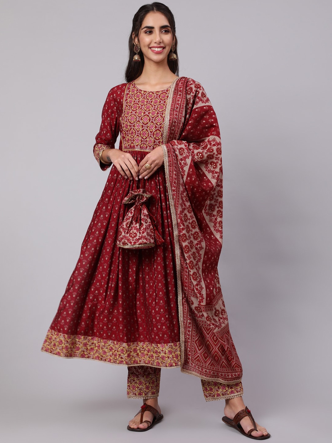 

Nehamta Floral Printed Sequinned Cotton Kurta with Trousers & With Dupatta, Maroon