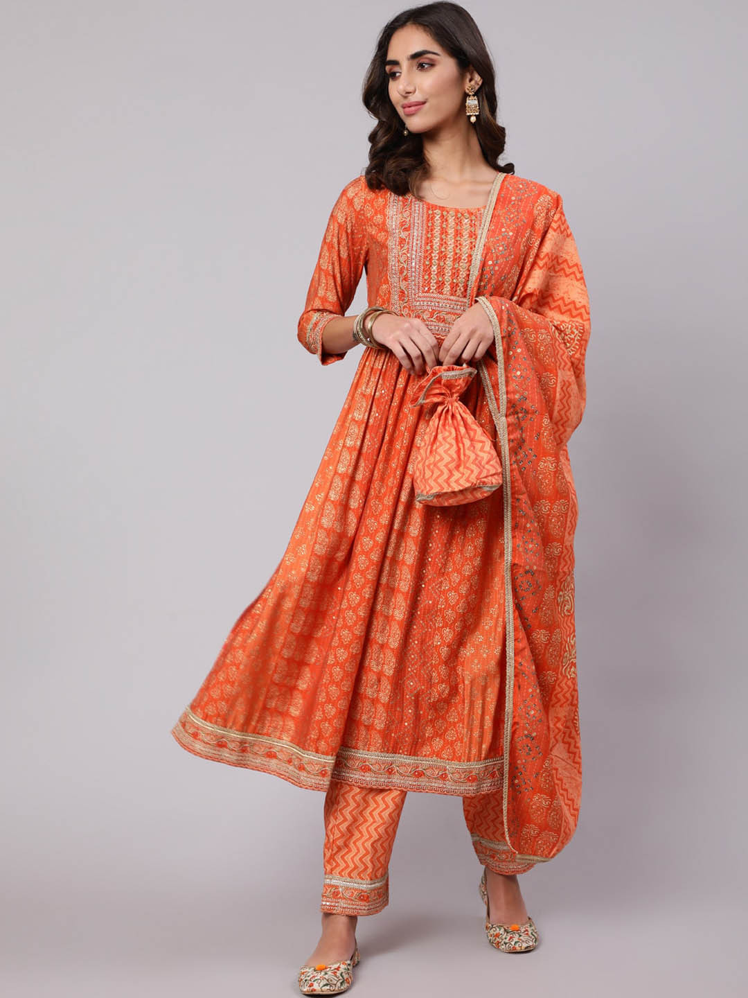 

Nehamta Women Floral Printed Sequinned Kurta with Trousers & Dupatta, Orange