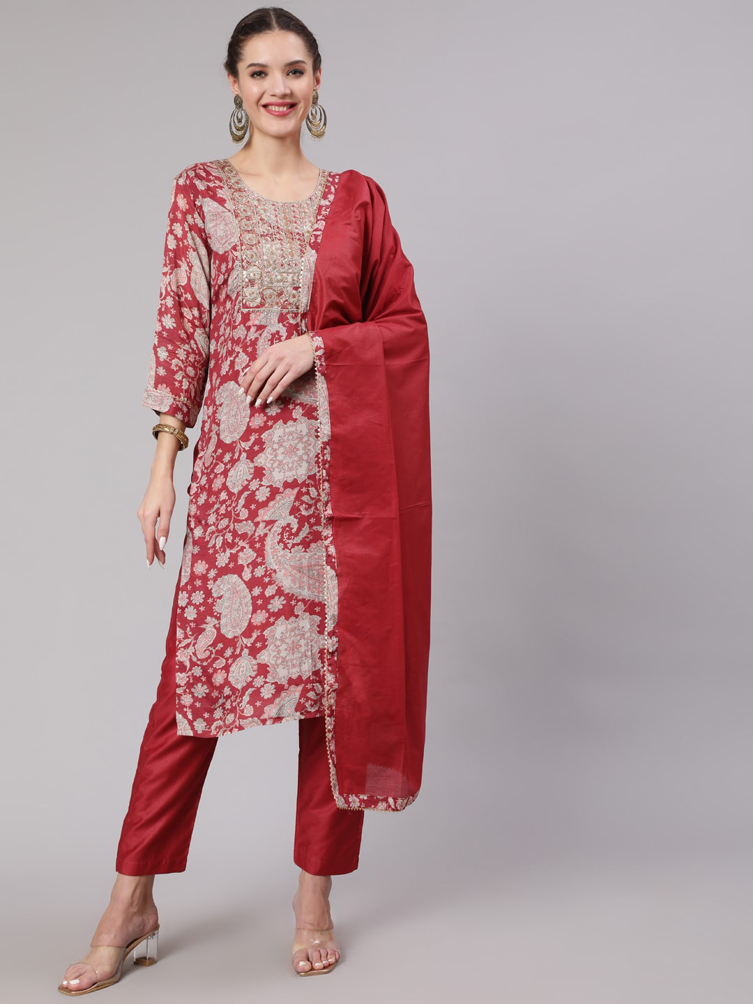 

Nehamta Women Ethnic Motifs Embroidered Thread Work Kurta with Trousers & With Dupatta, Maroon