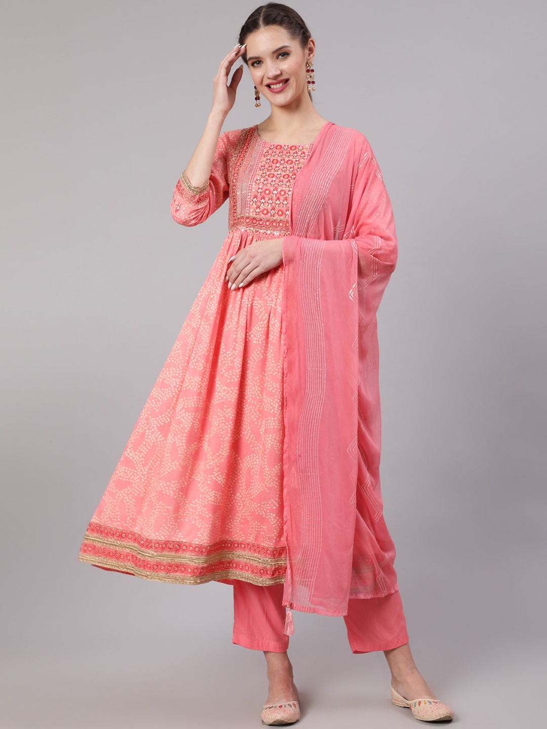 

Nehamta Bandhani Embroidered Pleated Beads and Stones Kurta with Trousers & With Dupatta, Pink