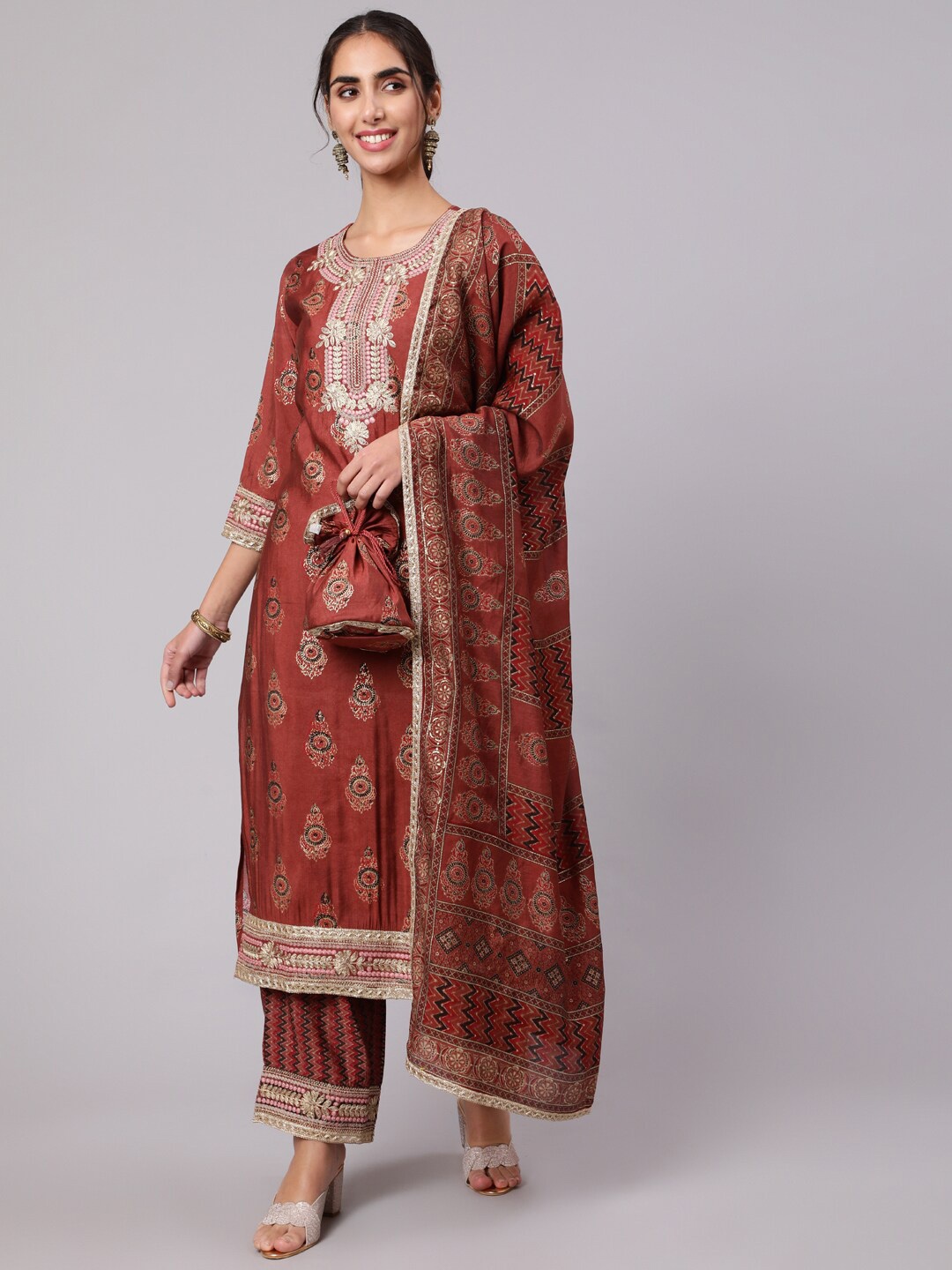 

Nehamta Ethnic Motifs Printed Thread Work Kurta with Trousers & Dupatta, Brown