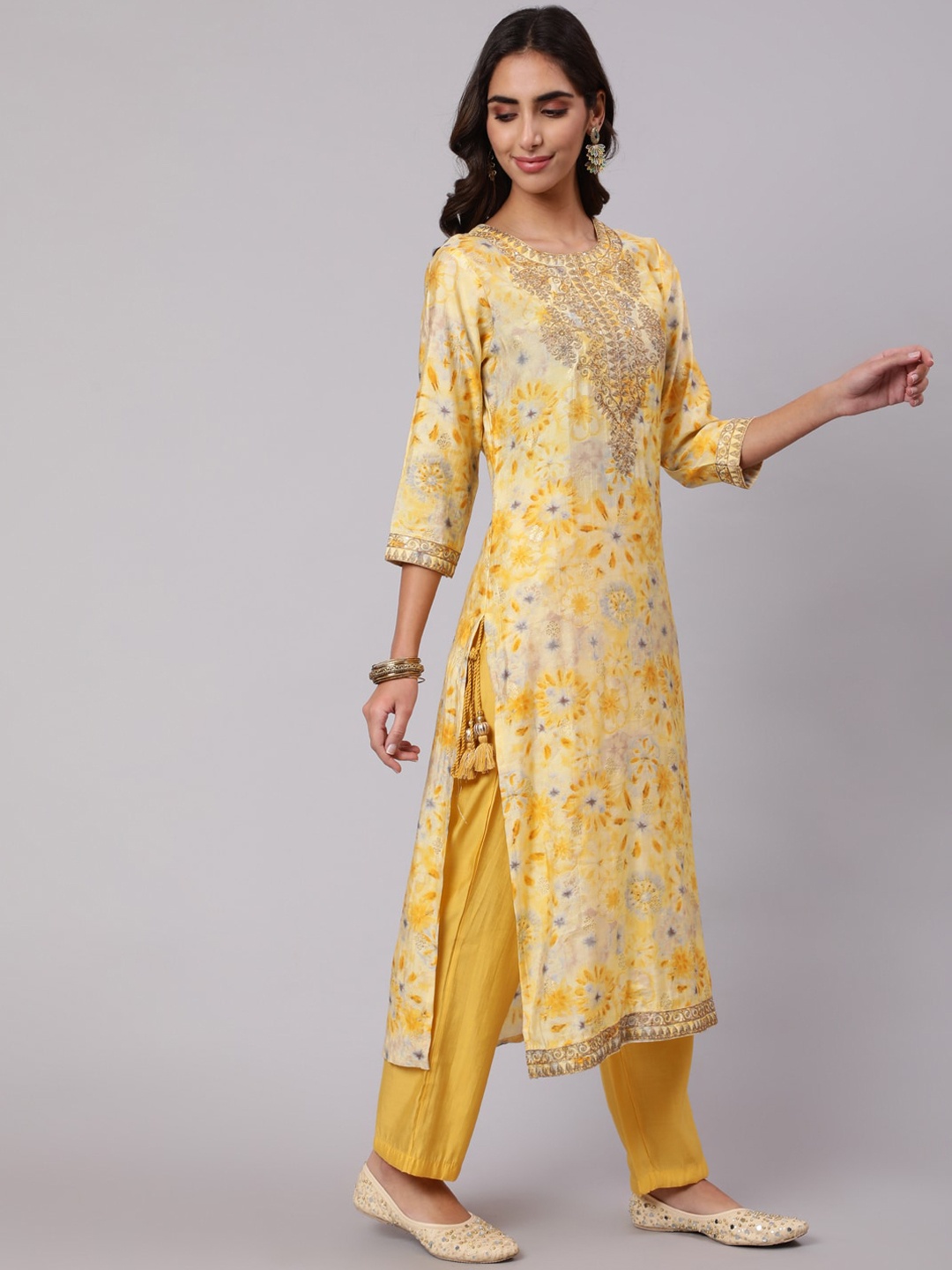 

Nehamta Floral Embroidered Sequinned Kurta with Trousers & With Dupatta, Yellow