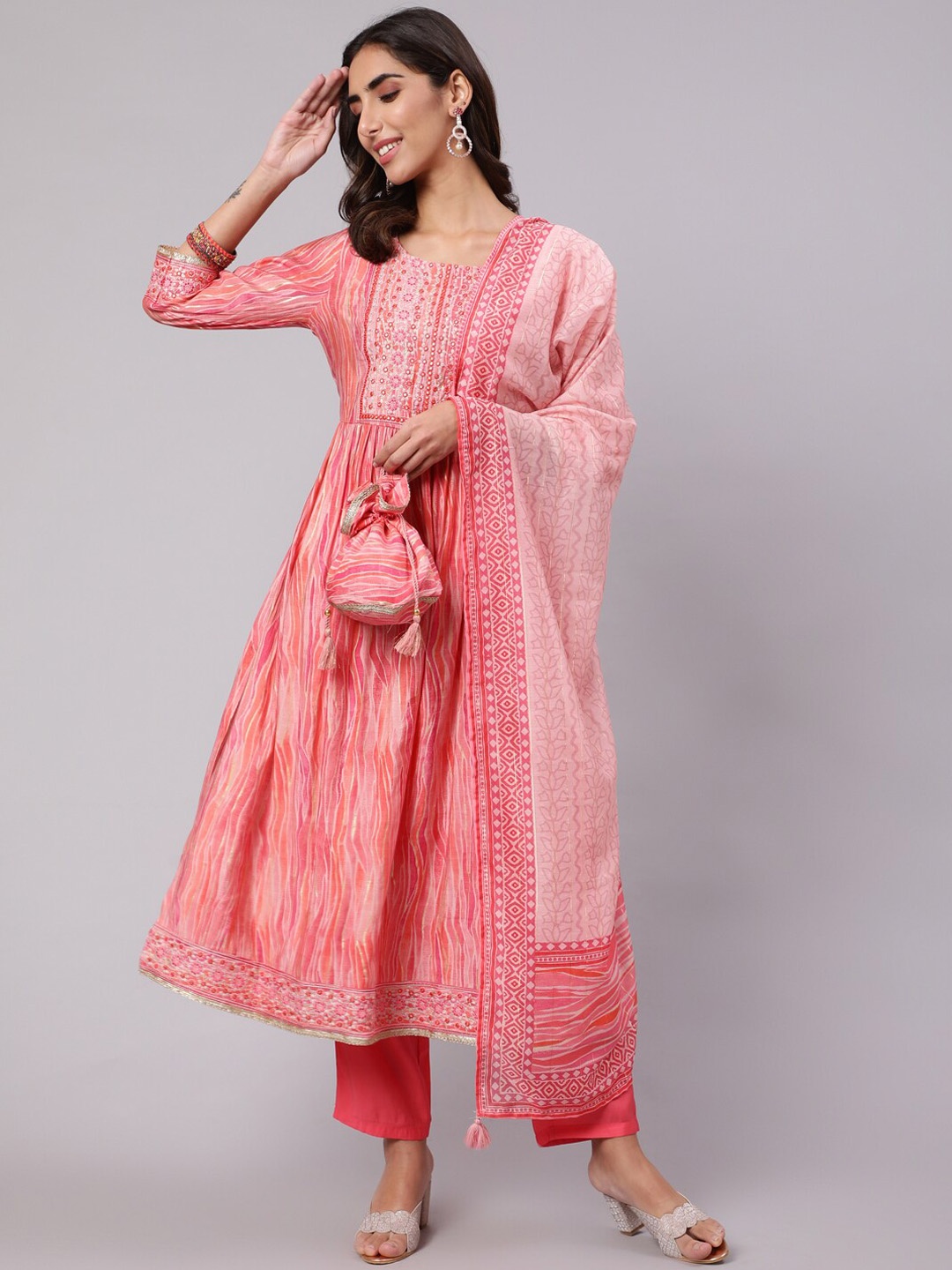 

Nehamta Women Printed Mirror Work Kurta with Trousers & With Dupatta, Pink