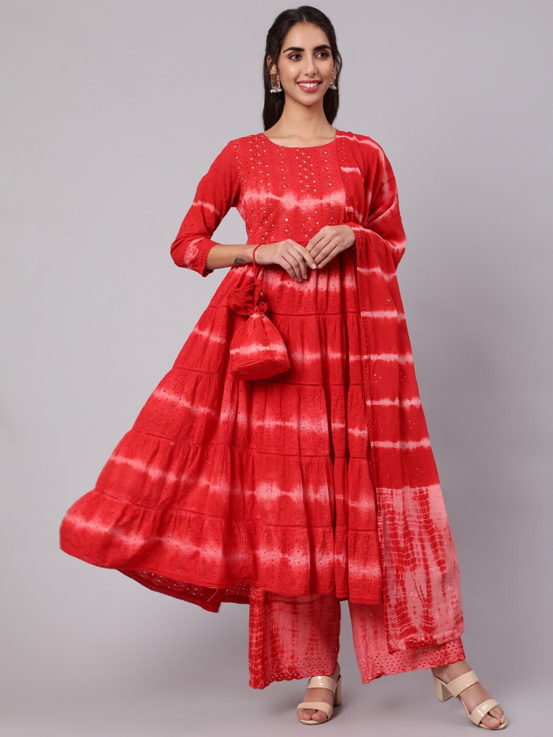 

Nehamta Women Ethnic Motifs Dyed Tiered Pure Cotton Kurta with Palazzos & With Dupatta, Red