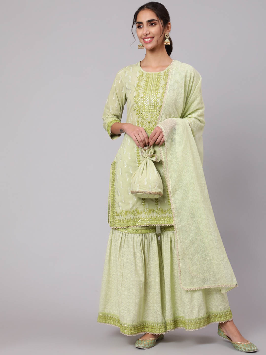 

Nehamta Women Ethnic Motifs Embroidered Pure Cotton Kurta with Sharara & With Dupatta, Green