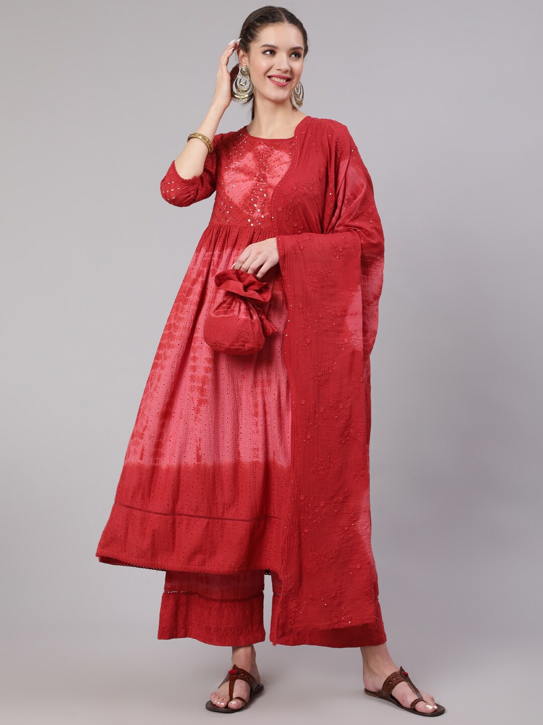 

Nehamta Women Ombre Dyed Pure Cotton Kurta with Palazzos & With Dupatta, Brown