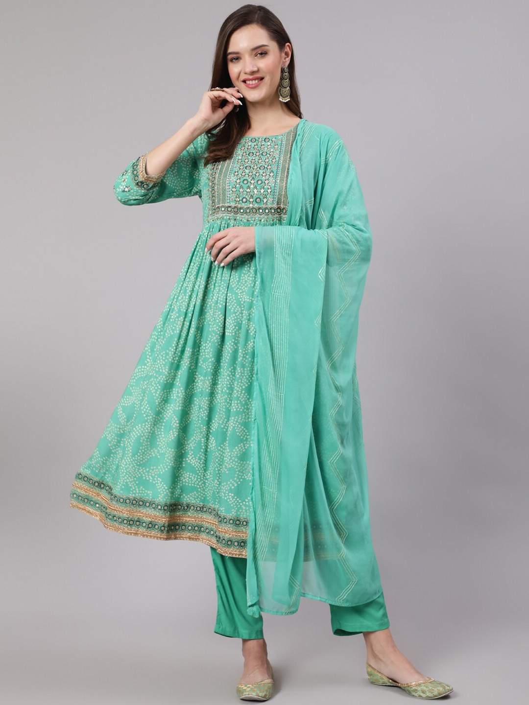 

Nehamta Women Bandhani Printed Sequinned Kurta With Trousers & Dupatta, Green