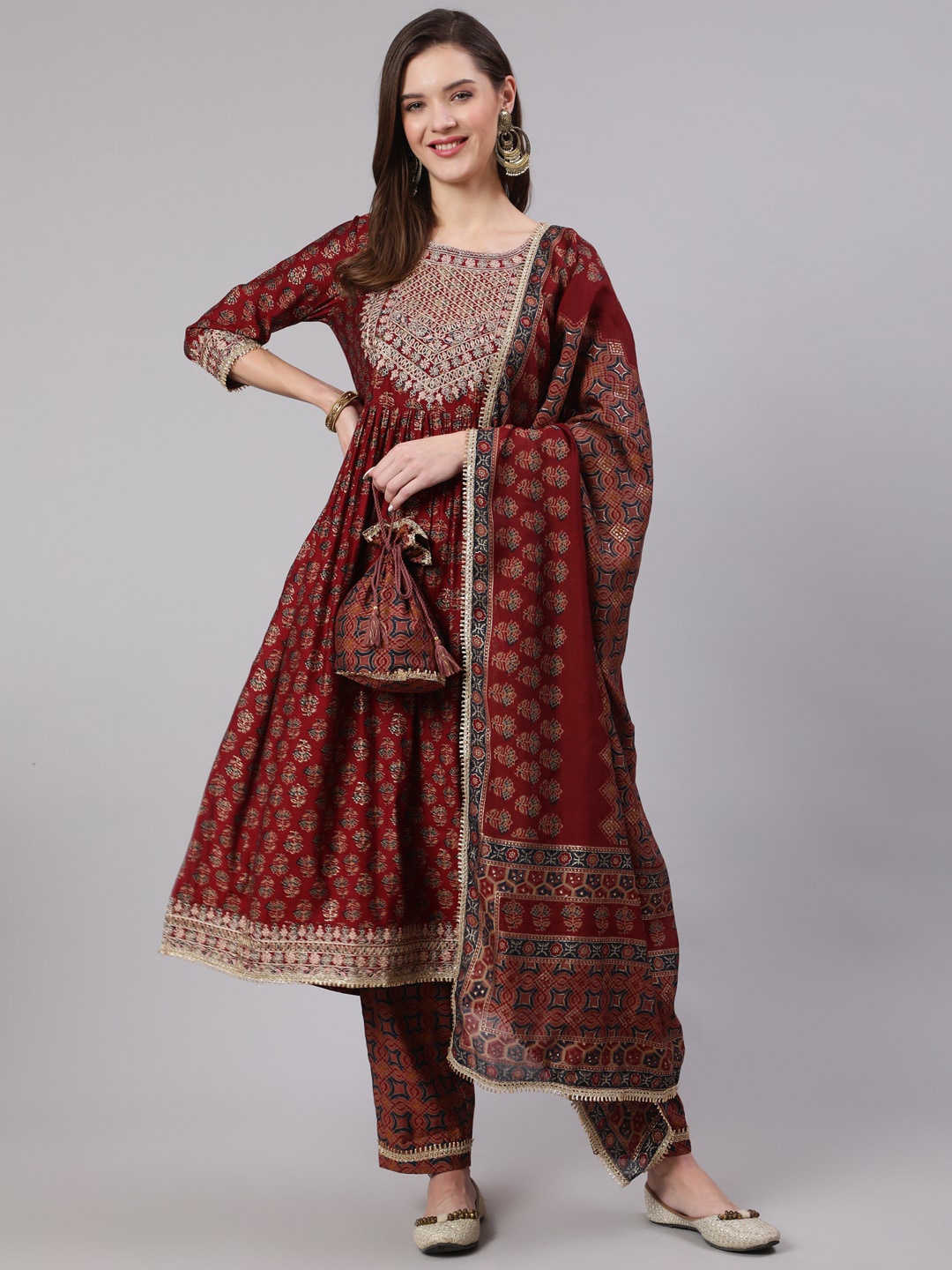 

Nehamta Women Ethnic Motifs Printed Pleated Kurta With Trousers & Dupatta, Maroon
