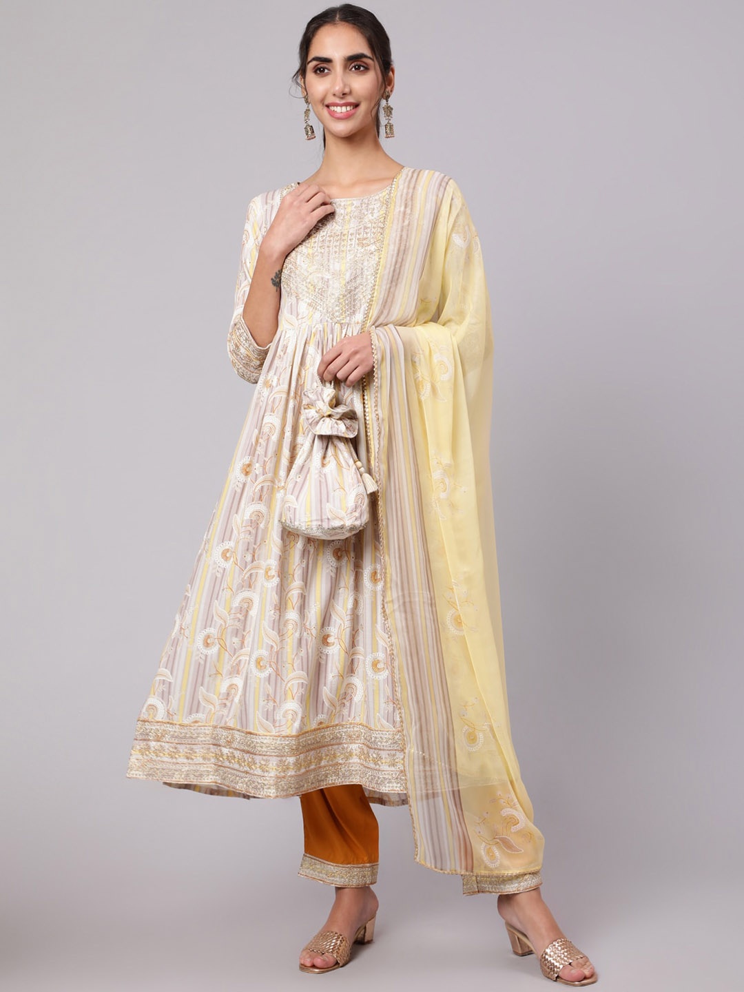 

Nehamta Women Floral Printed Thread Work Kurta with Trousers & With Dupatta, Yellow