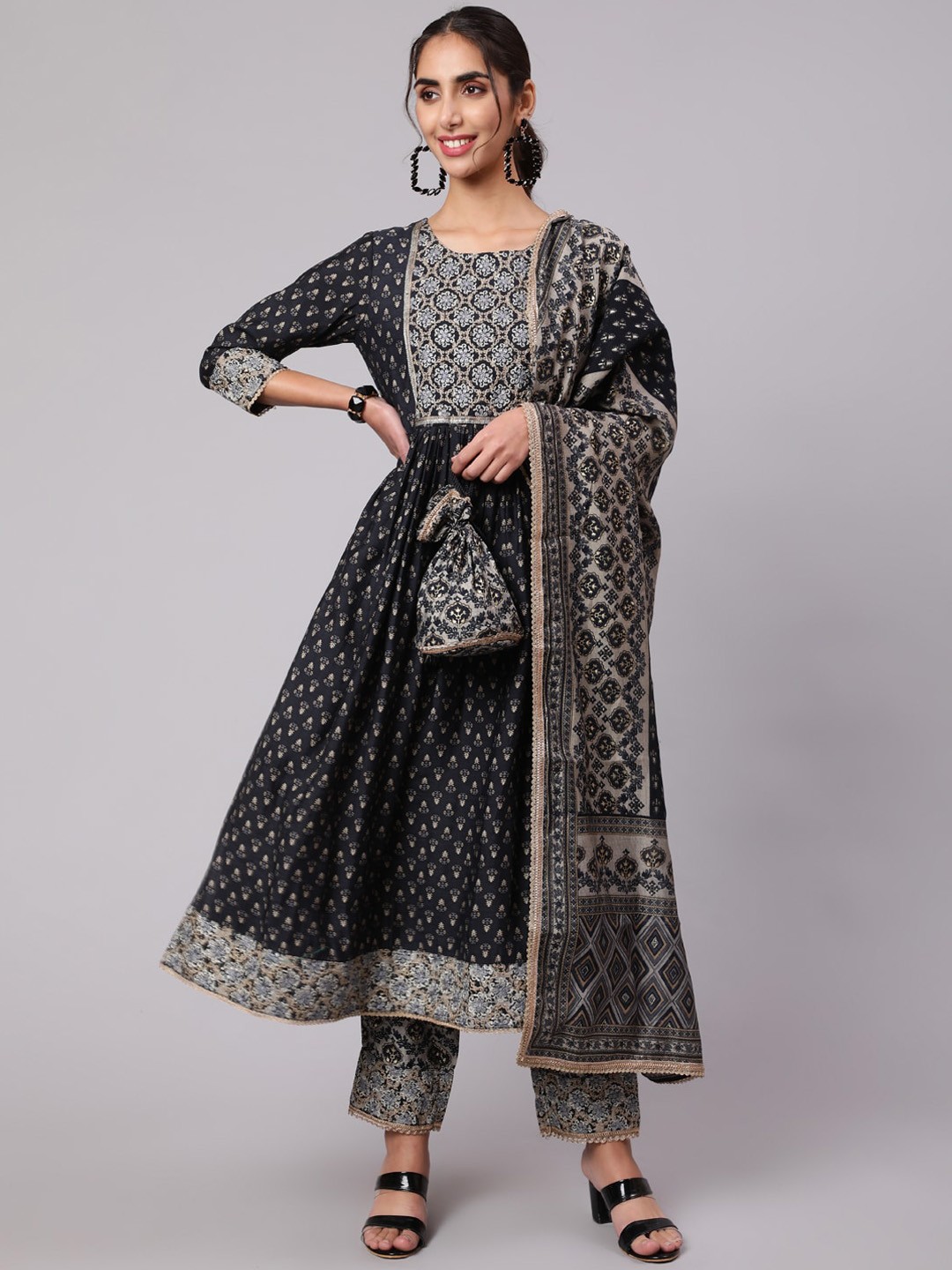 

Nehamta Floral Printed Pleated Sequinned Kurta with Trousers & With Dupatta, Black
