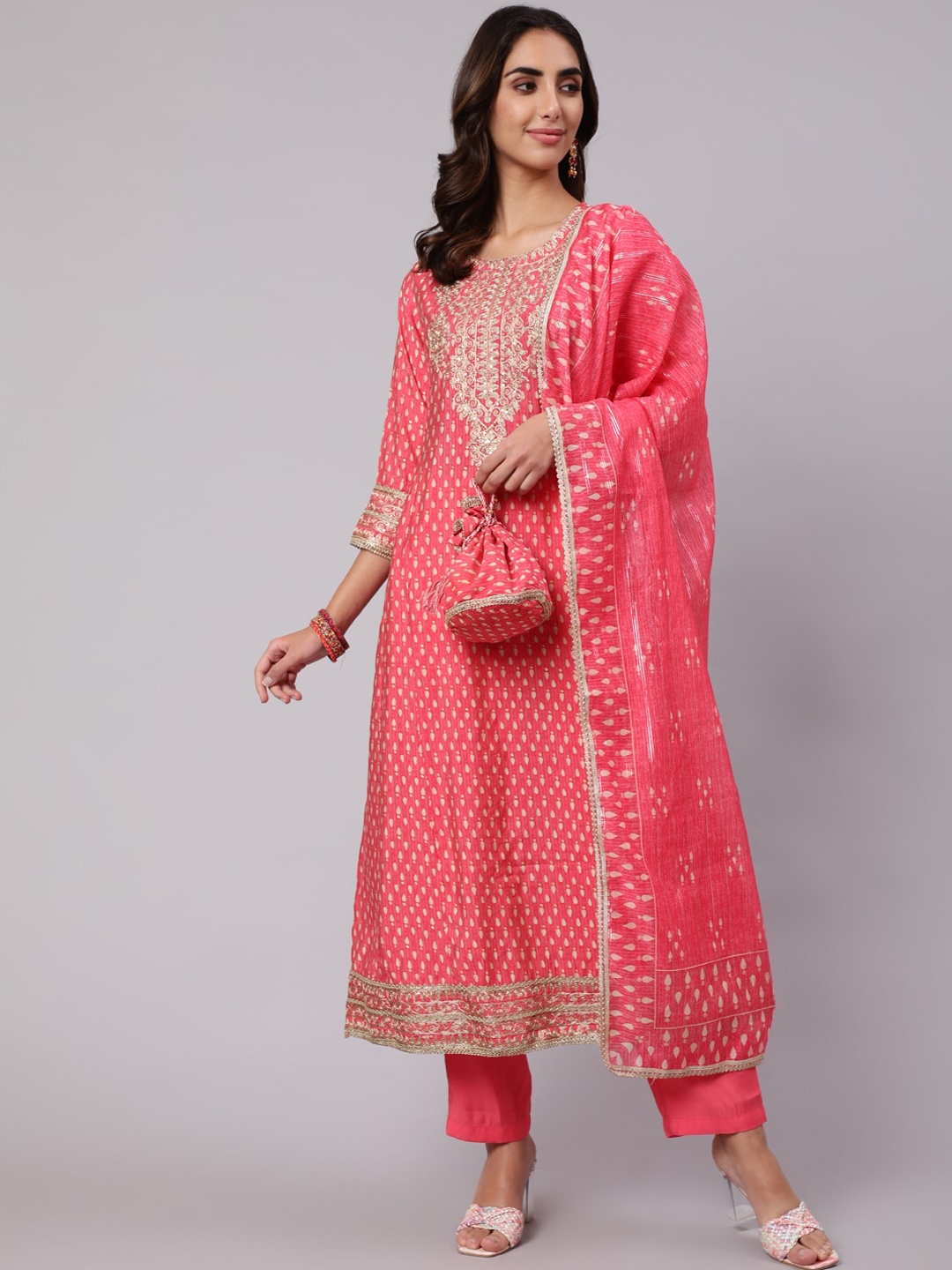 

Nehamta Ethnic Motifs Printed Pleated Sequinned Kurta with Trousers & With Dupatta, Pink