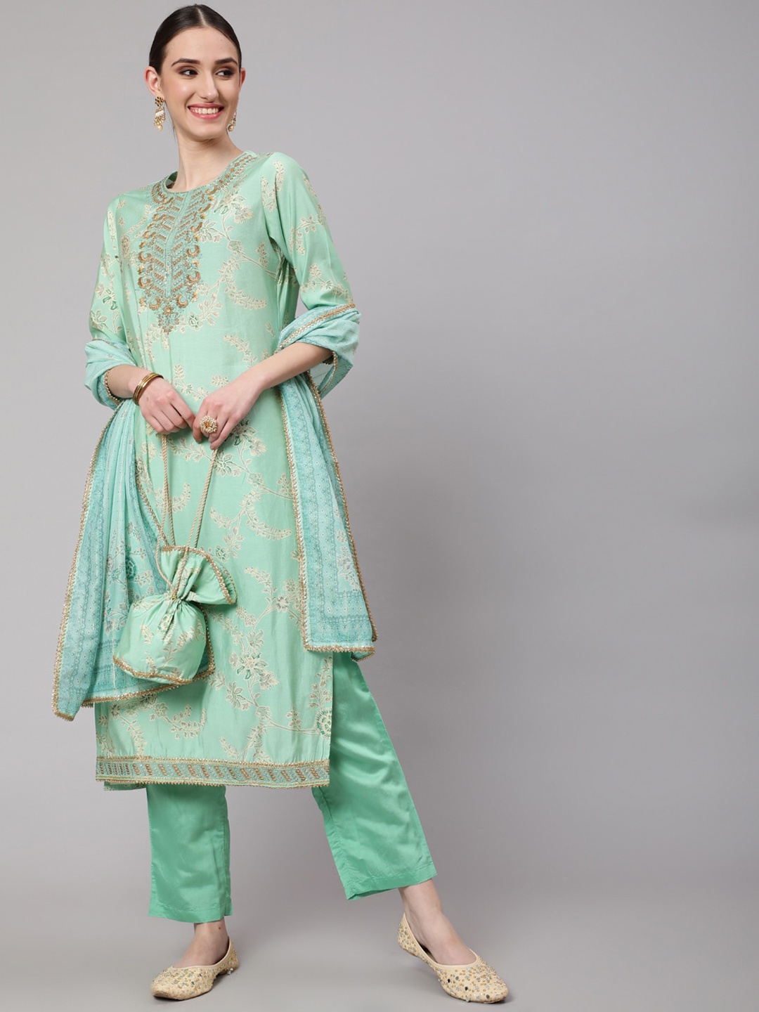 

Nehamta Women Floral Embroidered Kurta with Trousers & With Dupatta, Green