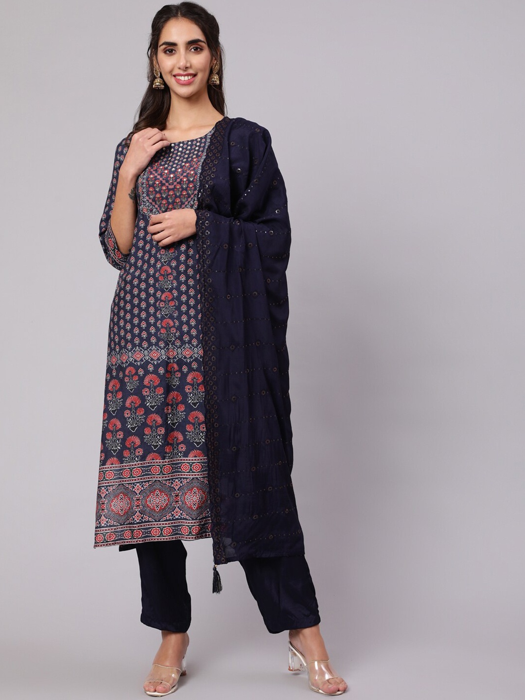 

Nehamta Women Floral Printed Sequinned Kurta with Trousers & Dupatta, Blue