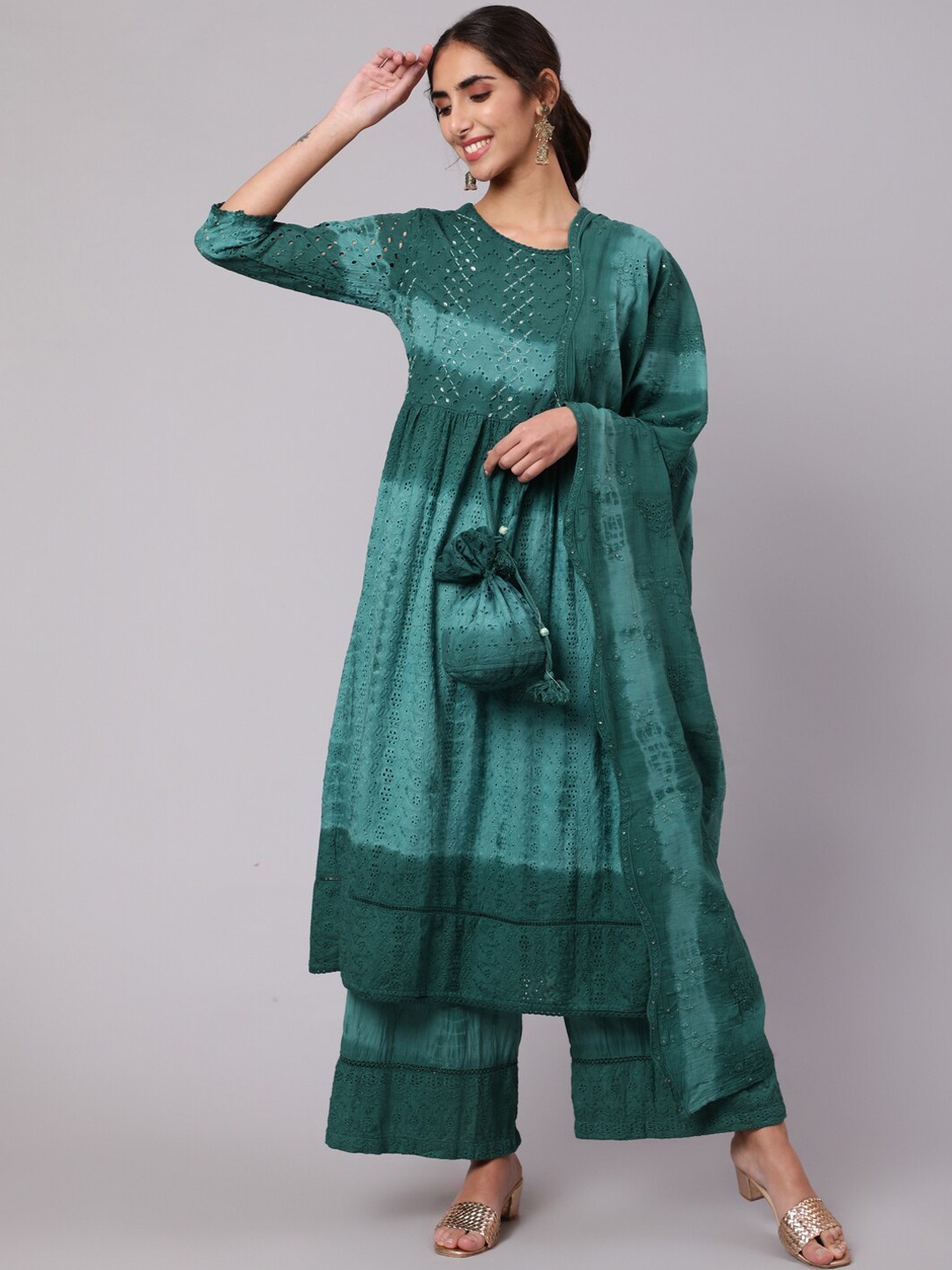 

Nehamta Women Ombre Dyed Sequinned Pure Cotton Kurta with Palazzos & Dupatta, Green